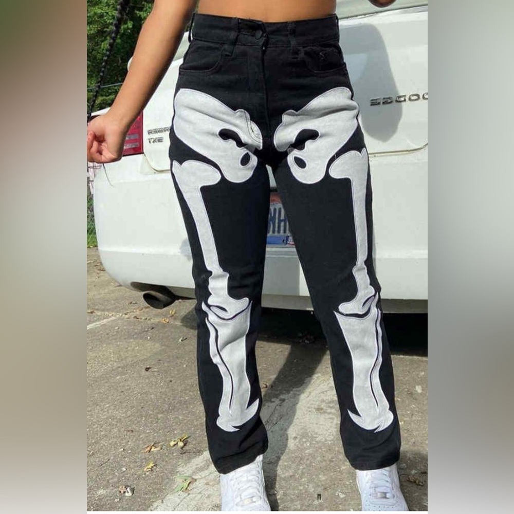 EUC Kollyy black denim jeans white faux leather skeleton patches on front leg